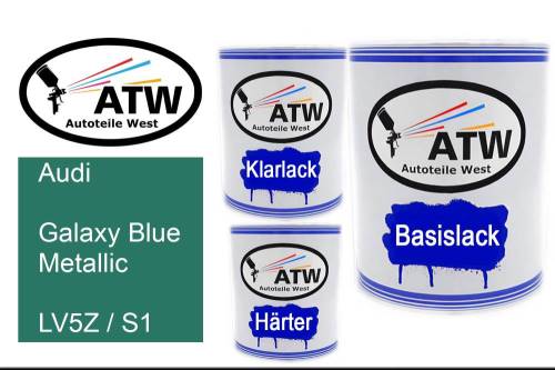 Audi, Galaxy Blue Metallic, LV5Z / S1: 1L Lackdose + 1L Klarlack + 500ml Härter - Set, von ATW Autoteile West.